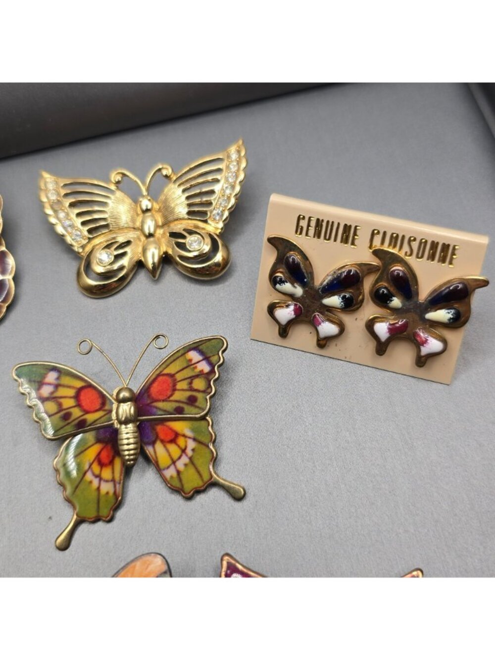 Vintage Butterfly Brooch Lot of 8 Cloisonne Enamel Earrings Gold Tone Statement - Picture 4 of 13